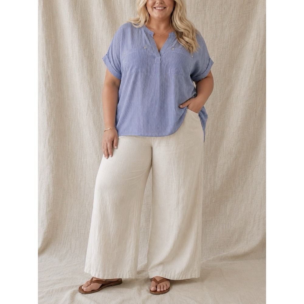 Jones New York Blue Blouse Top Pinstriped 3/4 Women's PLUS 3X Office‎ NEW~READ